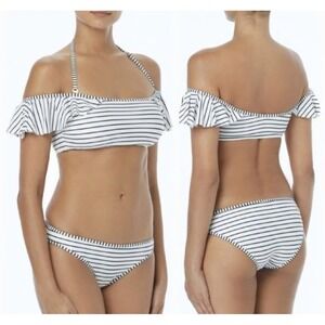 Vince Camuto Bikini Black and White Striped Ruffle Off-Shoulder 2 PC Set Size M